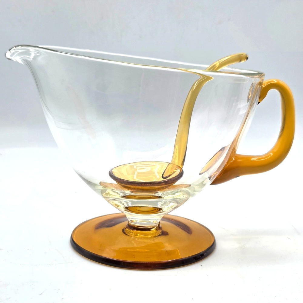Delicate Clear & Amber Art Glass Footed Gravy Boat Amber Glass Spoon Hand Blown